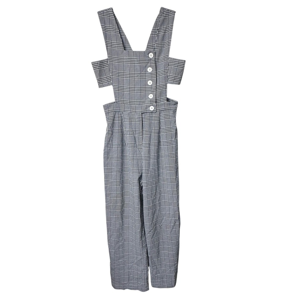 Mo:vint Jumpsuit Womens Small Gray Plaid Square Neck Cutout Wide Leg Cropped